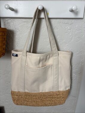 Lands' End Cream Canvas Tote with Straw-Bottom Accent